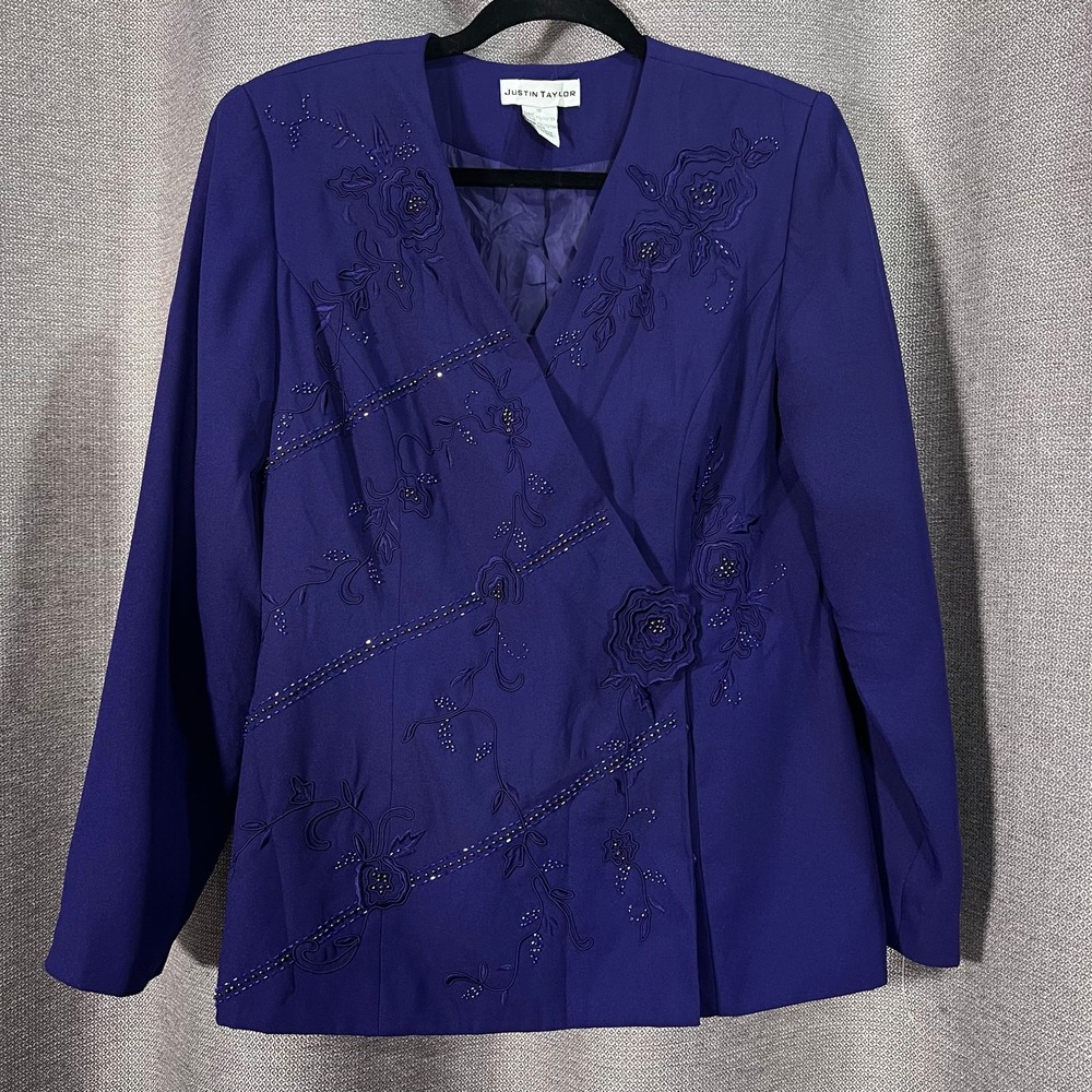 Justin Taylor Vintage 2 Piece Skirt and Blazer Suit Purple Embellished Size 10
